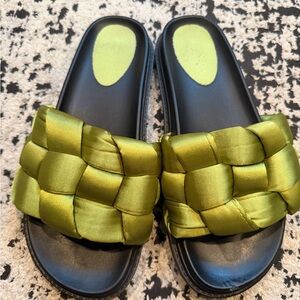 Woven Satin Slide Sandals in Olive Green size 11 fit like 10 runs small